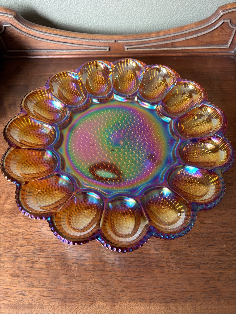 Vintage Indiana Glass iridescent gold deviled egg platter